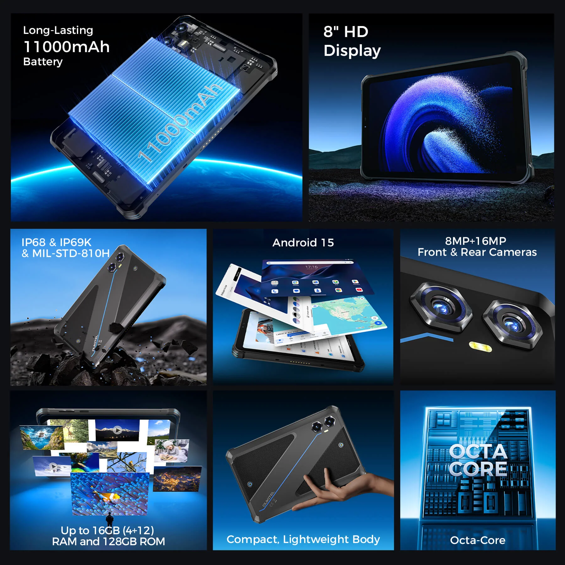 Oukitel RT3 Plus 4G RuggedTablet 8-inch 11000mAh Big Battery 16MP Camera Android 15 (6GB+128GB NFC) - Image 3
