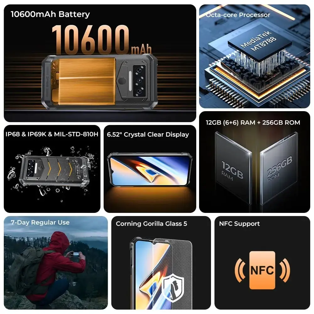 Oukitel WP38 4G Rugged Phone 6.52-inch 10600mAh Big Battery 13MP Camera Android 13(12GB+256GB NFC) - Image 4